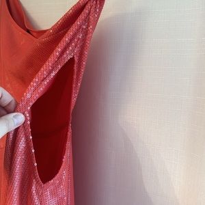 Coral sequin dress at the knees. One shoulder with cut out. 3x. Anthropology